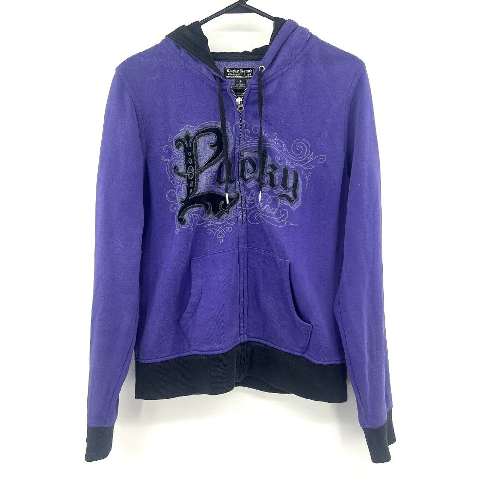 Vintage Lucky Brand Purple Black Full Zip Hooded Sweatshirt Women's Large